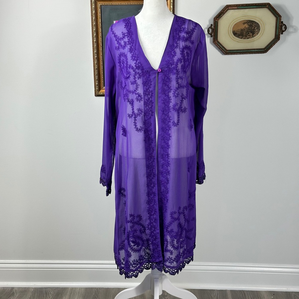 Lew Magram Purple Sheer Embroidered Duster‎ - SIZE L Festival Boho Lace Retro